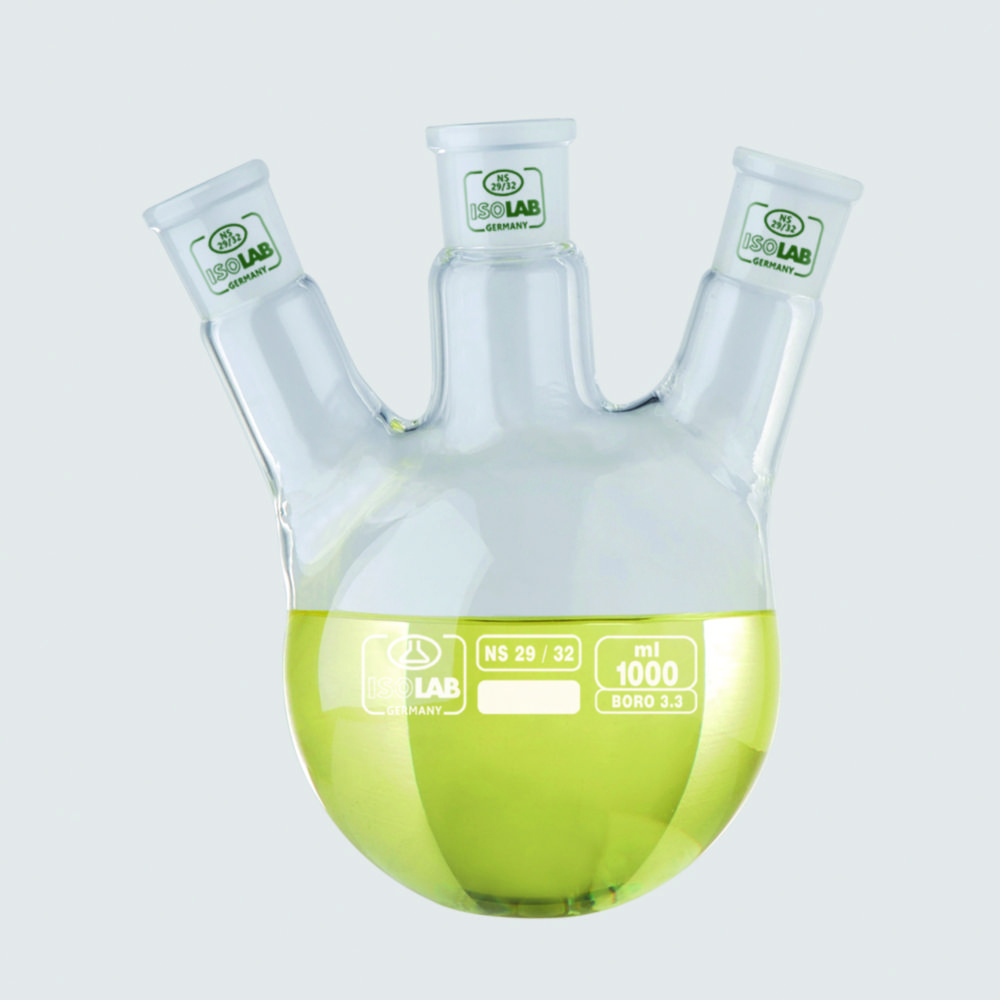 Search Round bottom flasks with three necks, NS joints, angled side arms, borosilicate glass 3.3 ISOLAB Laborgeräte GmbH (8355) 
