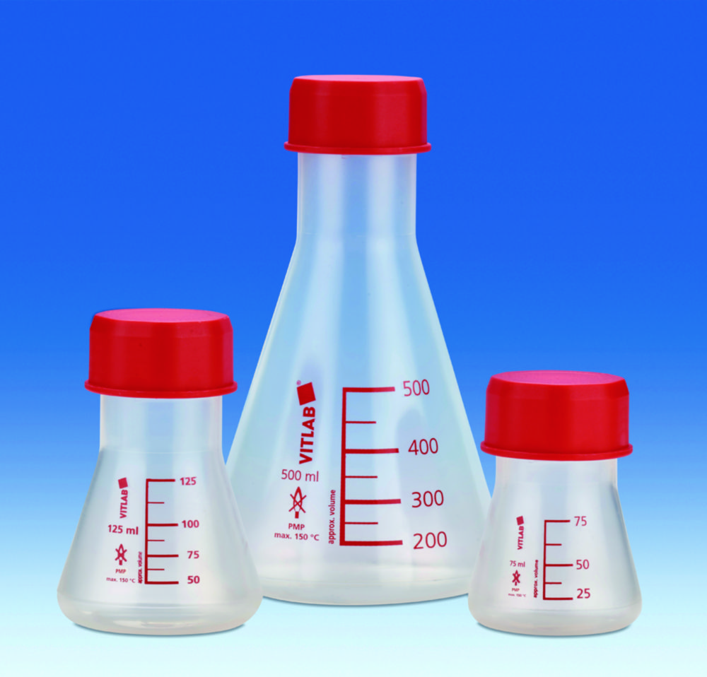 Search Erlenmeyer flasks, wide mouth, PMP, GL 45, with red screw cap, PP VITLAB GmbH (9857) 