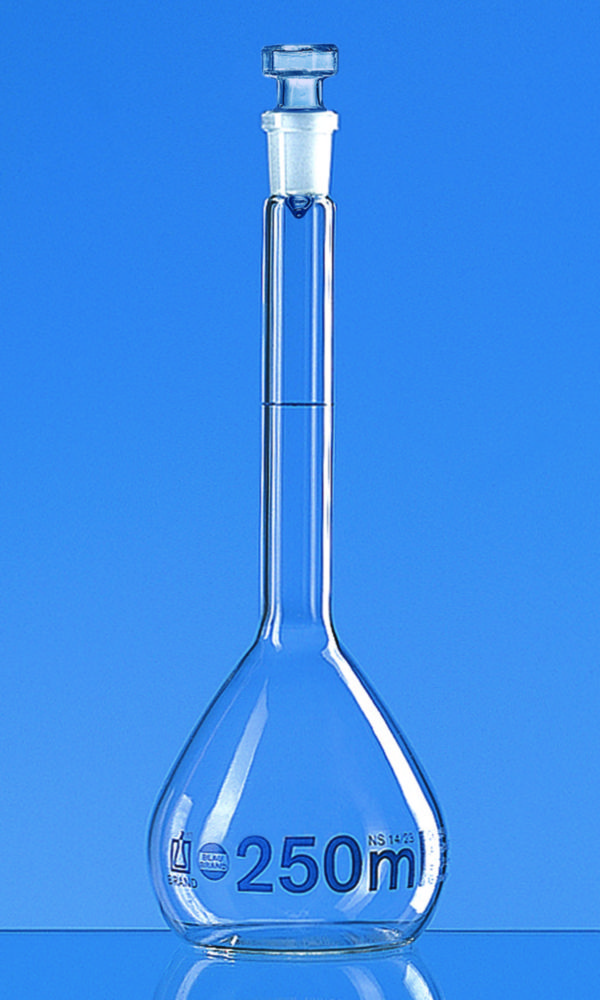 Search Volumetric flasks, boro 3.3, class A, blue graduations, with glass stoppers, incl. ISO individual BRAND GMBH + CO.KG (422073) 