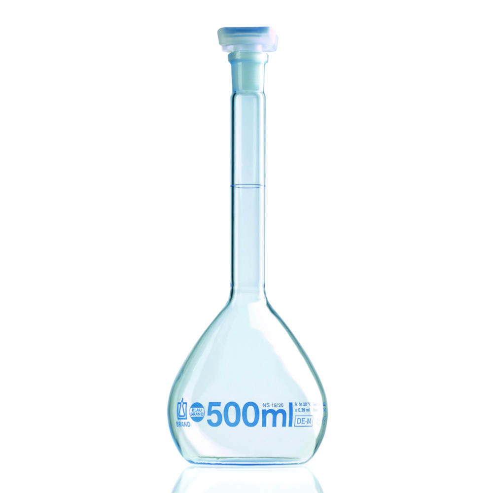 Search Volumetric flasks, boro 3.3, class A, blue graduations, incl. DAkkS calibration certificate BRAND GMBH + CO.KG (7435) 