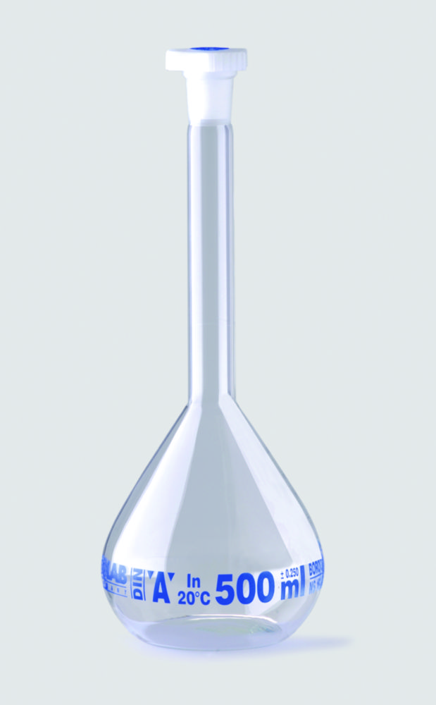 Search Volumetric flasks, borosilicate glass 3.3, class A, blue graduated, with PE stoppers ISOLAB Laborger?te GmbH (542) 