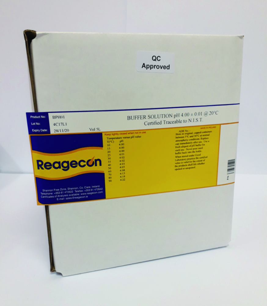 Search Reagecon Diagnostics Ltd. (4552)-pH buffer solutions, Bag in Box, 25 °C