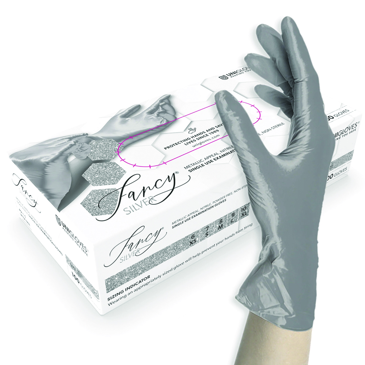Search Disposable Gloves Fancy Silver, Nitrile Unigloves GmbH (986320) 