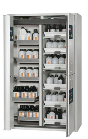 Kombi Sicherheitsschrank Typ 90 Faltt&uuml;re, 1197 x 617 x 1969mm, RAL7035, 6xTablar- -ausz&uuml;ge, 1xBodenauffangwanne, 6xAuszugswanne