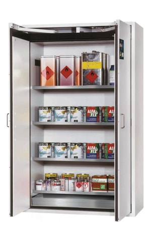 Sicherheitsschrank S-CLASSIC-90 WD 1968x1200x615mm (HxBxT), RAL 7035, 4 Fachb&ouml;den, 1 Bodenauffangwanne, Edelstahl