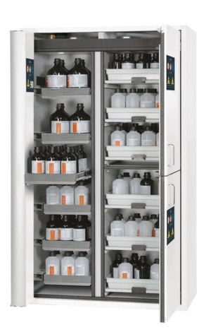 Kombi Sicherheitsschrank Typ 90, Laborweiss Faltt&uuml;re, 1197 x 617 x 1969mm, 6xTablarausz&uuml;ge, 1xBodenauffangwanne, 6xAuszugswanne