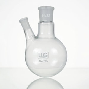 LLG-Two-neck round bottom flasks with standard ground joint, borosilicate glass 3.3, angled side neck