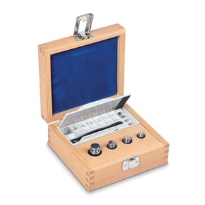Gewichtssatz E1, Knopfform, im Holzkoffer