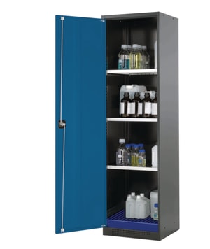 Chemikalienschrank CS-Classic Fl&uuml;gelt&uuml;r, RAL5010, 3 Fachb&ouml;den verzinkt, 1 Bodenauffangwanne