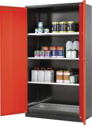 Sicherheitsschrank Chemikalien mit Fl&uuml;gelt&uuml;ren, inkl. 3 Fachb&ouml;den vz. Korpus RAL3020, 1055x520x1950mm