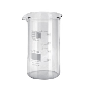 n.Abv.bei Hischmann n.m.l. Becher 600ml, h.F. Boro 3.3, mit Teilung und Ausguss