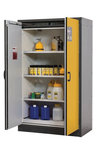 Sicherheitsschrank Q-Classic-30 WD 1164 x 615 x 1955 mm (BxTxH), Fl&uuml;gelt&uuml;ren sicherheitsgelb, RAL 7035, 3 Fachb&ouml;den,