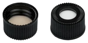 Schraubkappen N 15, PP, schwarz 15-425, Loch, Silikon wei&szlig;/ PTFE beige, 45&deg; shore A, 1,5mm, VE=100