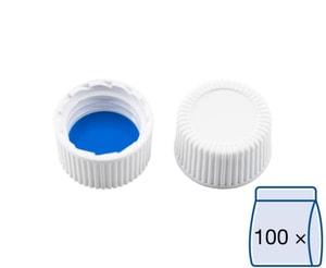Schraubkappen N 15, wei&szlig; geschlossen, Silikon wei&szlig;/ PTFE blau, Septendicke: 1,3 mm, VE=100