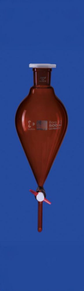 Scheidetrichter 500 ml, NS 29/32 Borosilikatglas 3.3, PTFE-K&uuml;ken, konisch, ohne Teilung, Bohrung 4,0mm, Braunglas