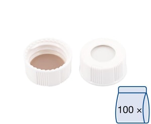 Schraubkappen N 20, PP, wei&szlig; 20-400, Loch, Silikon wei&szlig;/ PTFE beige, 45&deg; shore A, 1,5mm, VE=100