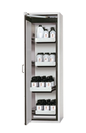 Sicherheitsschrank S-CLASSIC-90 WDASL 596x616x1968mm, RAL7035, Fl&uuml;gelt&uuml;ren 4 Auszugswanne, 1 Bodenauffangwanne