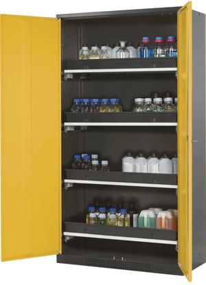 Chemikalienschrank CS-Classic 1055 x 520 x 1950 mm (BxTxH), Sicherheitsgelb Struktur RAL 1004, 4x Tablarauszug AbZ