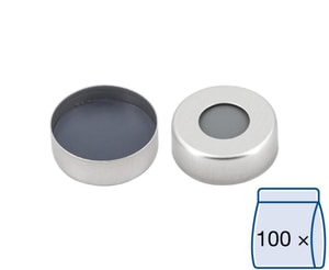 Alu-B&ouml;rdelkappen N 20, silber Loch, Butyl hellgrau/PTFE dunkelgrau, H&auml;rte: 50&deg; shore A, Septendicke: 3 mm, VE=100