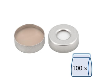 Aluminium B&ouml;rdelkappen N 20, silber Loch Silikon wei&szlig;/ PTFE beige H&auml;rte: 40&deg; shore A Septendicke: 3 mm, VE=100
