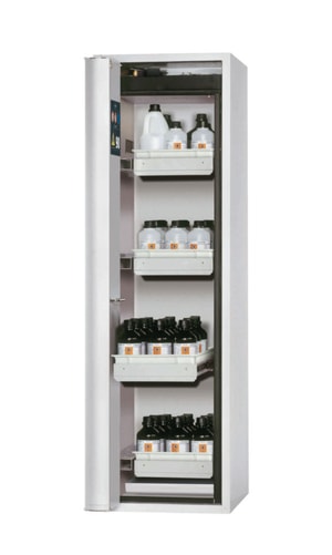 Sicherheitsschrank S-PHOENIX-90 FDASL 600 x 615 x 1968 mm (BxTxH), Faltt&uuml;r, lichtgrau RAL 7035, 4 Auszugwanne, 1 Bodenauffangwa