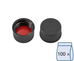 Schraubkappen N 13, schwarz PP, geschlossen, Silikon wei&szlig;/PTFE rot, H&auml;rte: 45&deg; shore A, Septendicke: 1,3 mm, VE=100