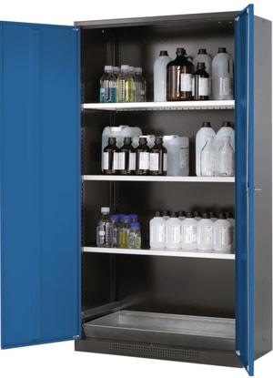 Chemikalienschrank CS-Classic 1055 x 520 x 1950 mm (BxTxH), Fl&uuml;gelt&uuml;ren RAL 5010, 3 Fachb&ouml;den,