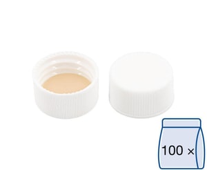 Schraubkappen N 24, wei&szlig; PP, Silikon wei&szlig;/PTFE beige, H&auml;rte: 45&deg; shore A, VE=100