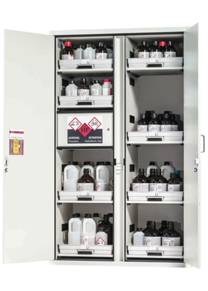 S&auml;ure-Laugenschrank SL-CLASSIC MV.WD Korp. und T&uuml;ren RAL 7035, 8x Tablarauszug, Werkstoffplatte PP/PE Grau