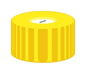 Schraubkappen N 9, gelb PP, Loch, Silikon wei&szlig;/PTFE blau, geschlitzt, Septendicke: 1,0 mm, VE=100