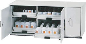 SL Unterbauschrank mit 3 Fl&uuml;gelt&uuml;ren 1400x570x600 mm (BxTxH), Lichtgrau, Microperl, inkl. 4 Tablarausz&uuml;ge, 1 Fachboden