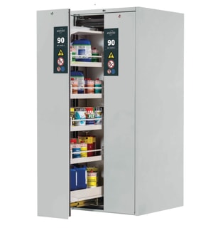 Sicherheitsschrank Typ 90 V-MOVE 819x860x1966mm, Korpus + T&uuml;ren RAL 7035/lichtgrau 4x Wannenboden, 1x Bodenauffangwanne, 4x Wan