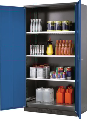 Chemikalienschrank CS-Classic 1055 x 520 x 1950 mm (BxTxH), RAL 7016 Fl&uuml;gelt&uuml;ren RAL 5010, 3 Fachb&ouml;den,