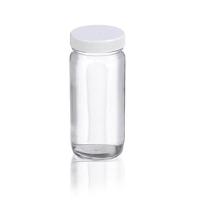 WHEATON-Rundflaschen 250 ml Natronkalkglas klar, weiße PP Kappe 58-400 und PTFE Liner, VE=24