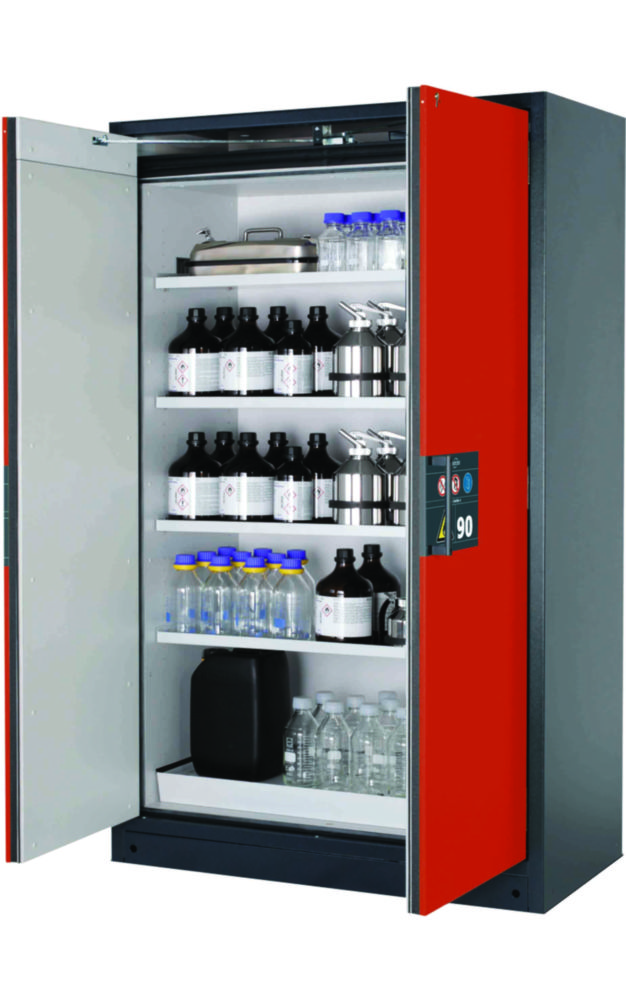 Sicherheitsschrank Q-PEGASUS-90 WDAC 1193x615x1953mm (BxTxH), RAL 7016/3020, 4 Fachböden, 1 Lochblech, 1 Bodenauffangwanne