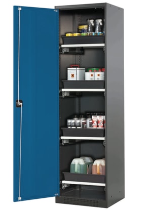 Chemikalienschrank CS-Classic 545x520x1950mm (BxTxH), Flügeltüren enzianblau RAL5010, 4 Tablarauszüge
