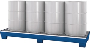 Auffangwanne 260L, f&uuml;r 4 F&auml;sser lackiert, mit Staplerschuhen, Gitterrost verzinkt, 2470x815x250mm