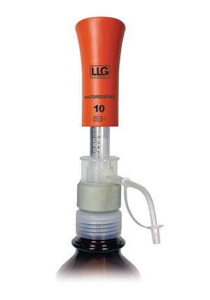 Flaschenaufsatz-Dispenser LLG-uniTOPDISPENS mit Glaskolben und Klarglaszylinder