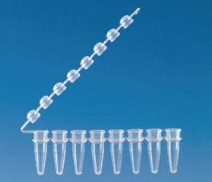 Strips of 8 PCR tubes with attached cap strips
