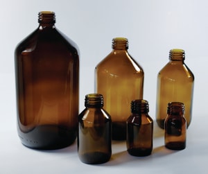 Narrow-mouth bottles without closure, soda-lime glass, brown, PP 28